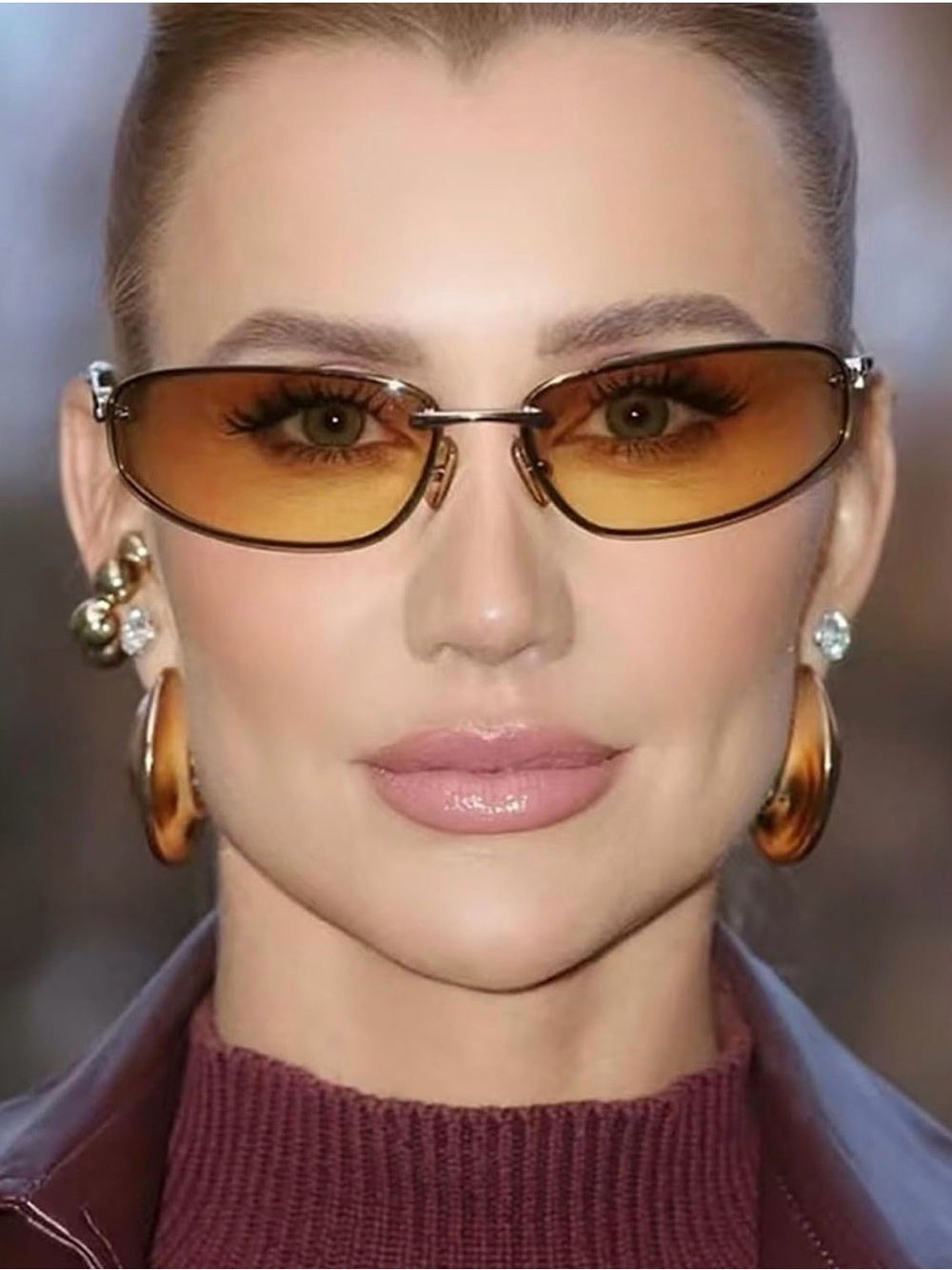 Y2K Frameless Oval Sunglasses Amber Yellow Gradient Tinted Rimless Gold Frame